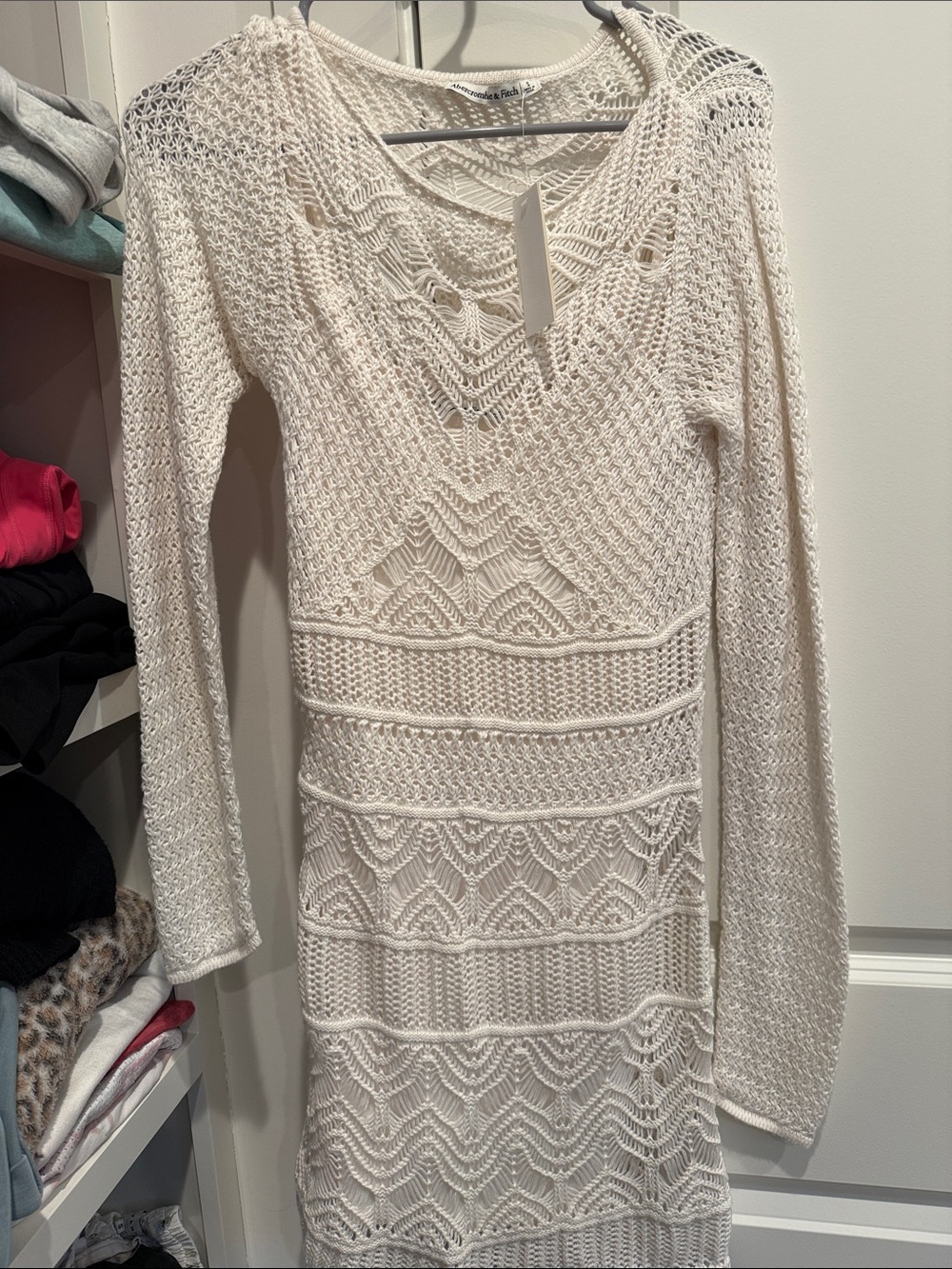 Abercrombie & Fitch Cream Crochet Knit Long-Sleeve Dress